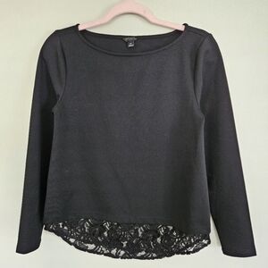 Ann Taylor Black Top Blouse Lace Bottom Detail Long Sleeve Size SP Small Petite